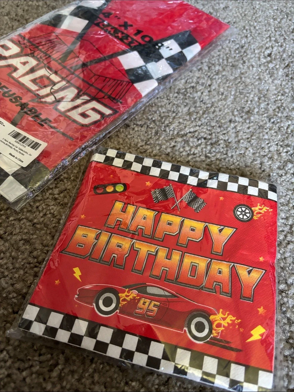 Racing Theme Happy Birthday 3 table cloth and Napkins - Red